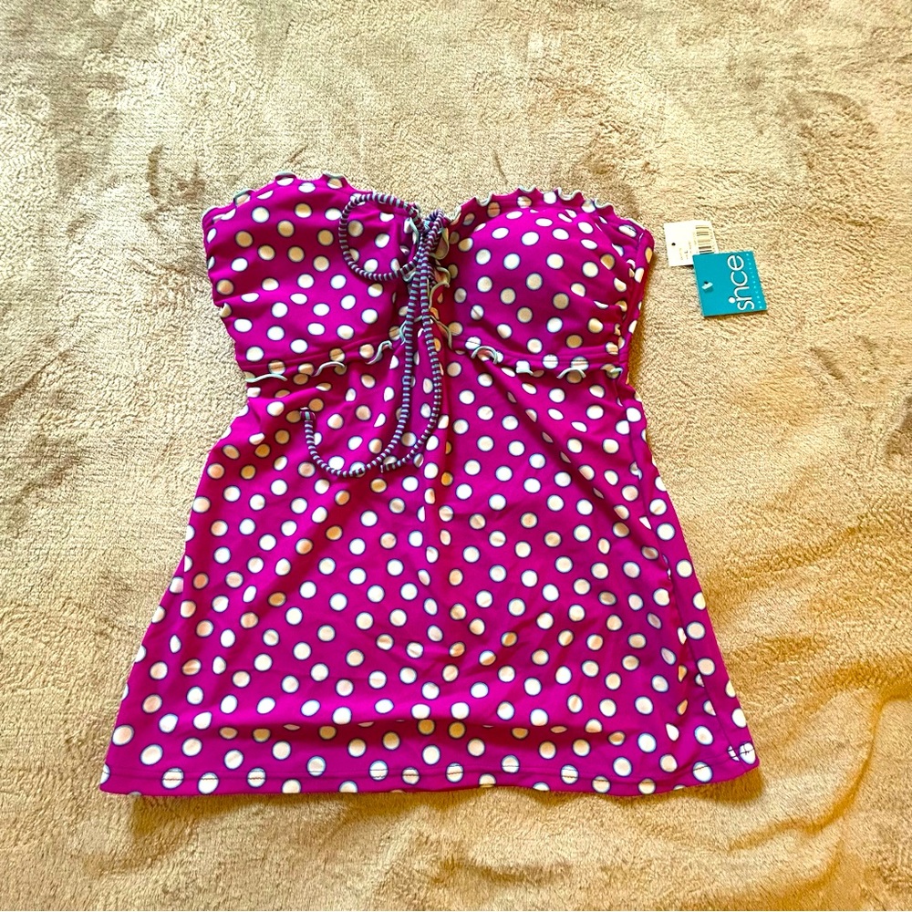 NWT Since raspberry pink blue dots tankini top Size L